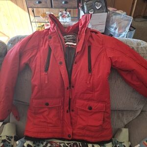 Red Hooded Jacket with Black Accents